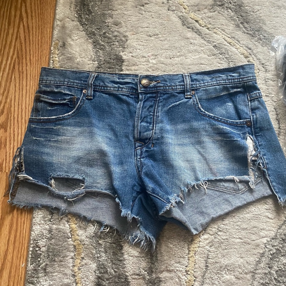Free People Distressed Blue Denim Jean Shorts
